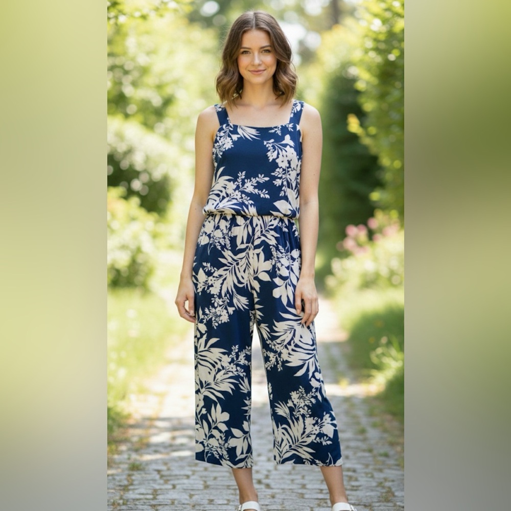 J.O. & Co. Navy & Cream Floral Tropical Leaf Jumpsuit Medium